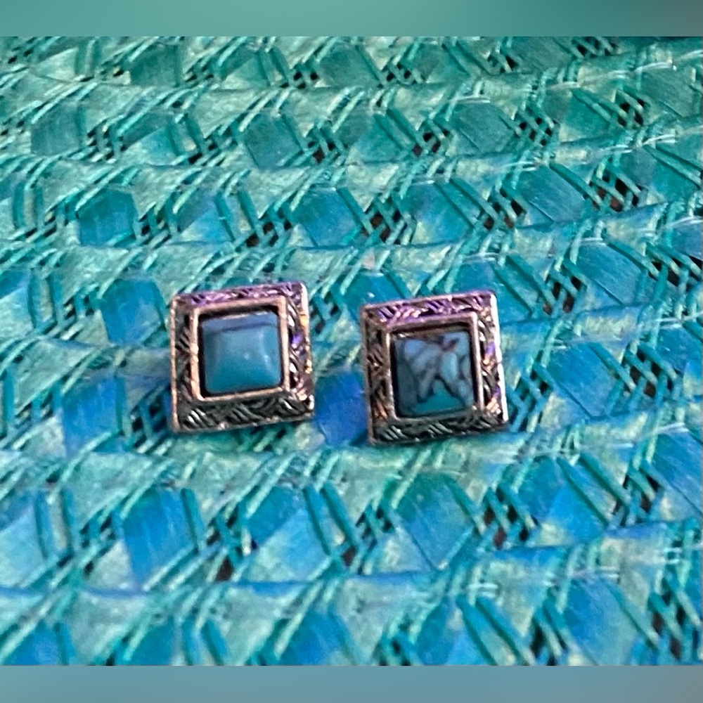 Vintage Sterling Silver Turquoise Square Stud Earrings